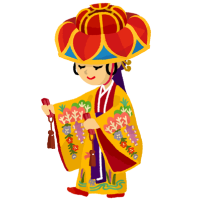 紅型を着て四つ竹を踊る女性（黄）