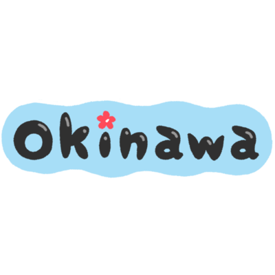 「Okinawa」英字＋ハイビスカス・黒×青