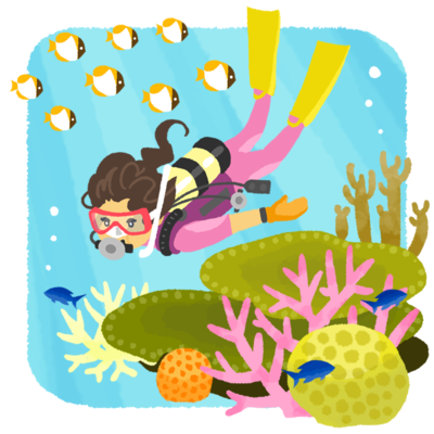 サンゴ礁でダイビングする女性