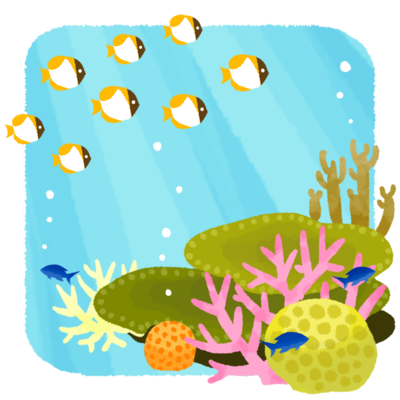 サンゴ礁と魚の群れ