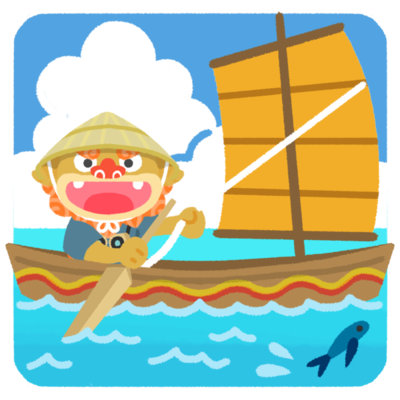 帆かけサバニに乗っているシーサー・海
