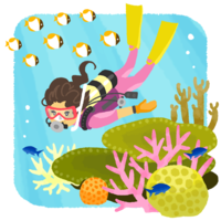 サンゴ礁でダイビングする女性